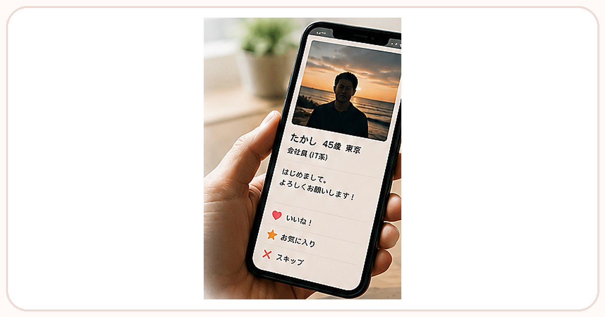40代男性のマッチングアプリプロフィールをスマホで確認している手元の写真
