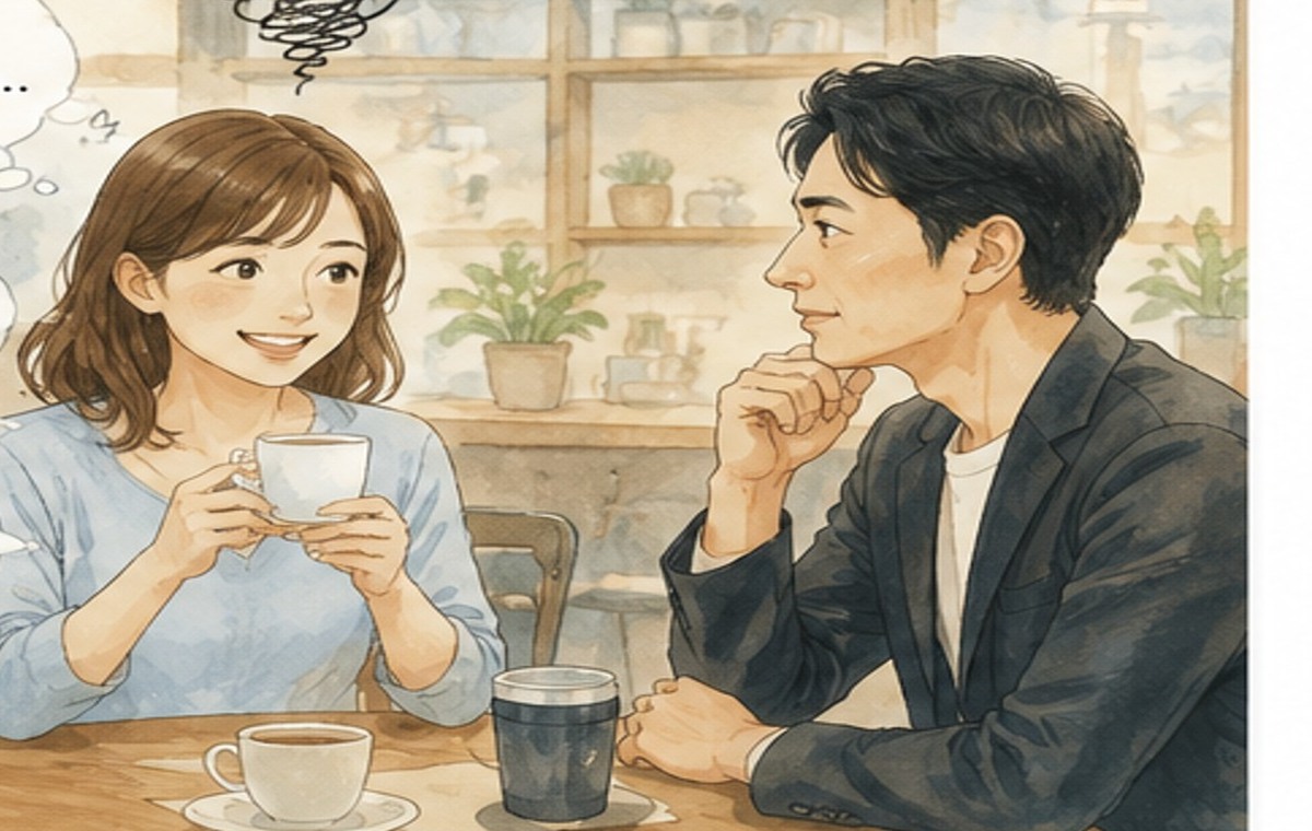 カフェで自然に会話する男女
