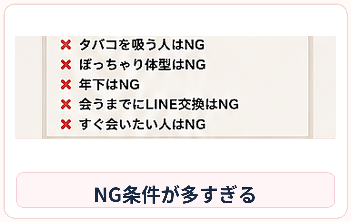 相手へのNG条件が長く並ぶプロフィール画面
